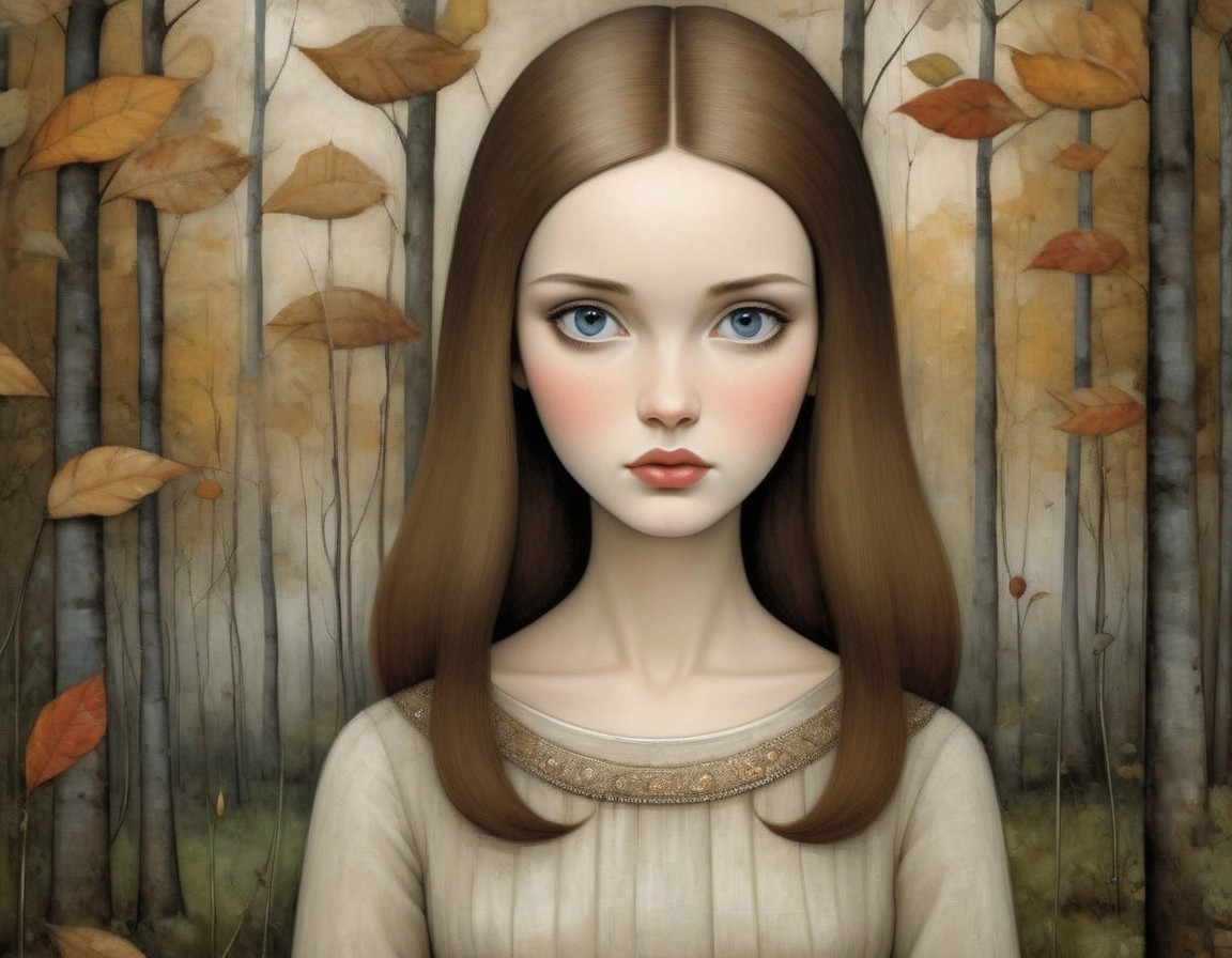 Young Woman in Cream Dress in Autumn Forest Setting
