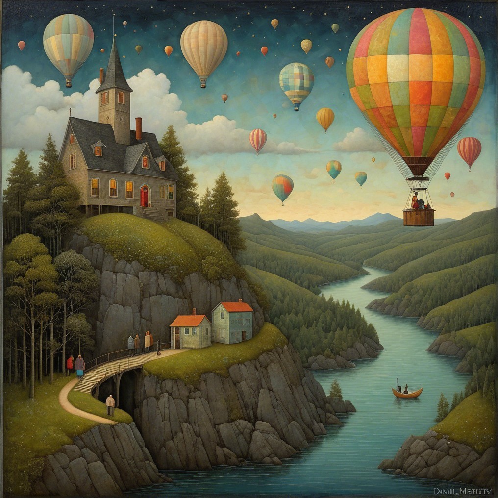 Whimsical Landscape with House and Hot Air Balloons