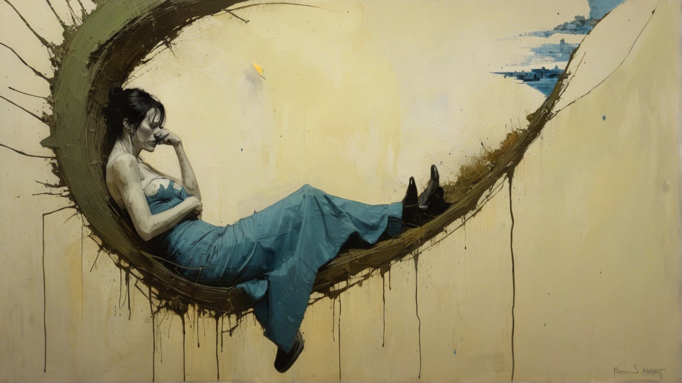 Contemplative Figure in Blue Dress with Abstract Background
