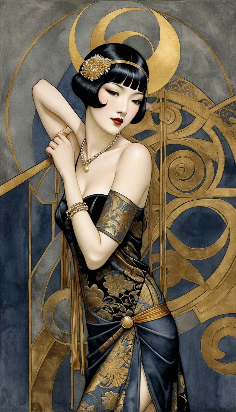 Glamorous Woman in Art Deco Black Gown and Jewelry