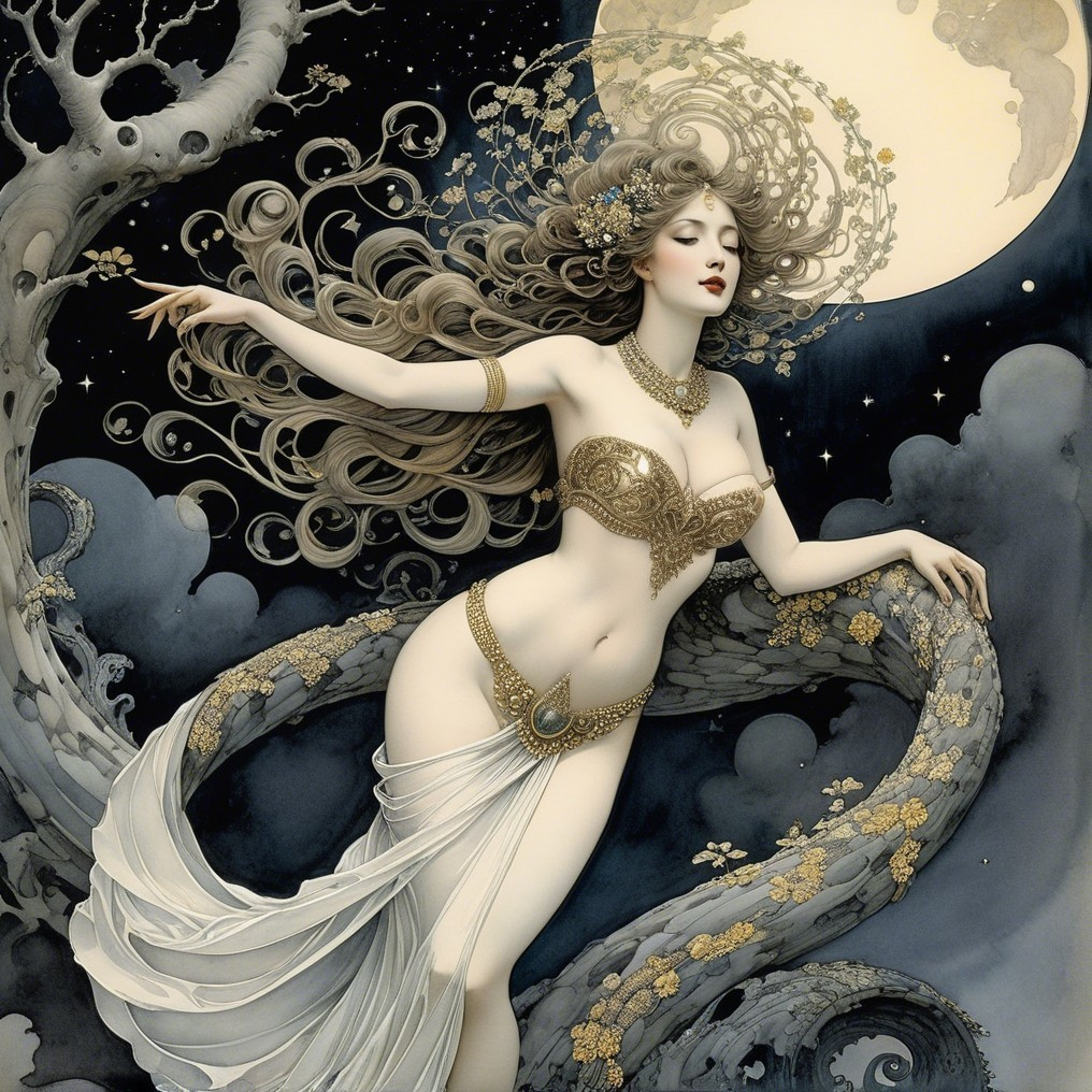 Ethereal figure dancing under a full moon with flowers