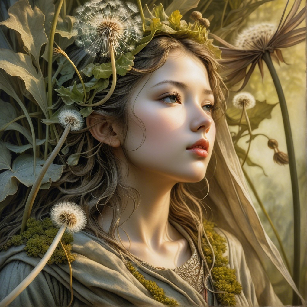 Portrait of a young woman with natural elements and foliage