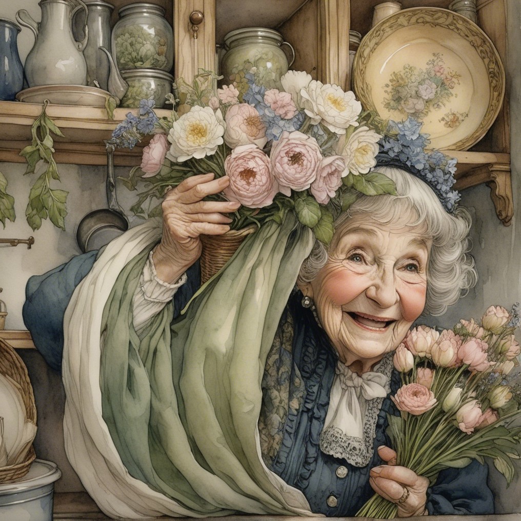 Elderly woman with flowers and vintage decor in warm colors