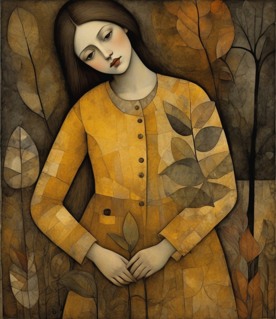 Melancholic Young Woman in Yellow Dress with Plant