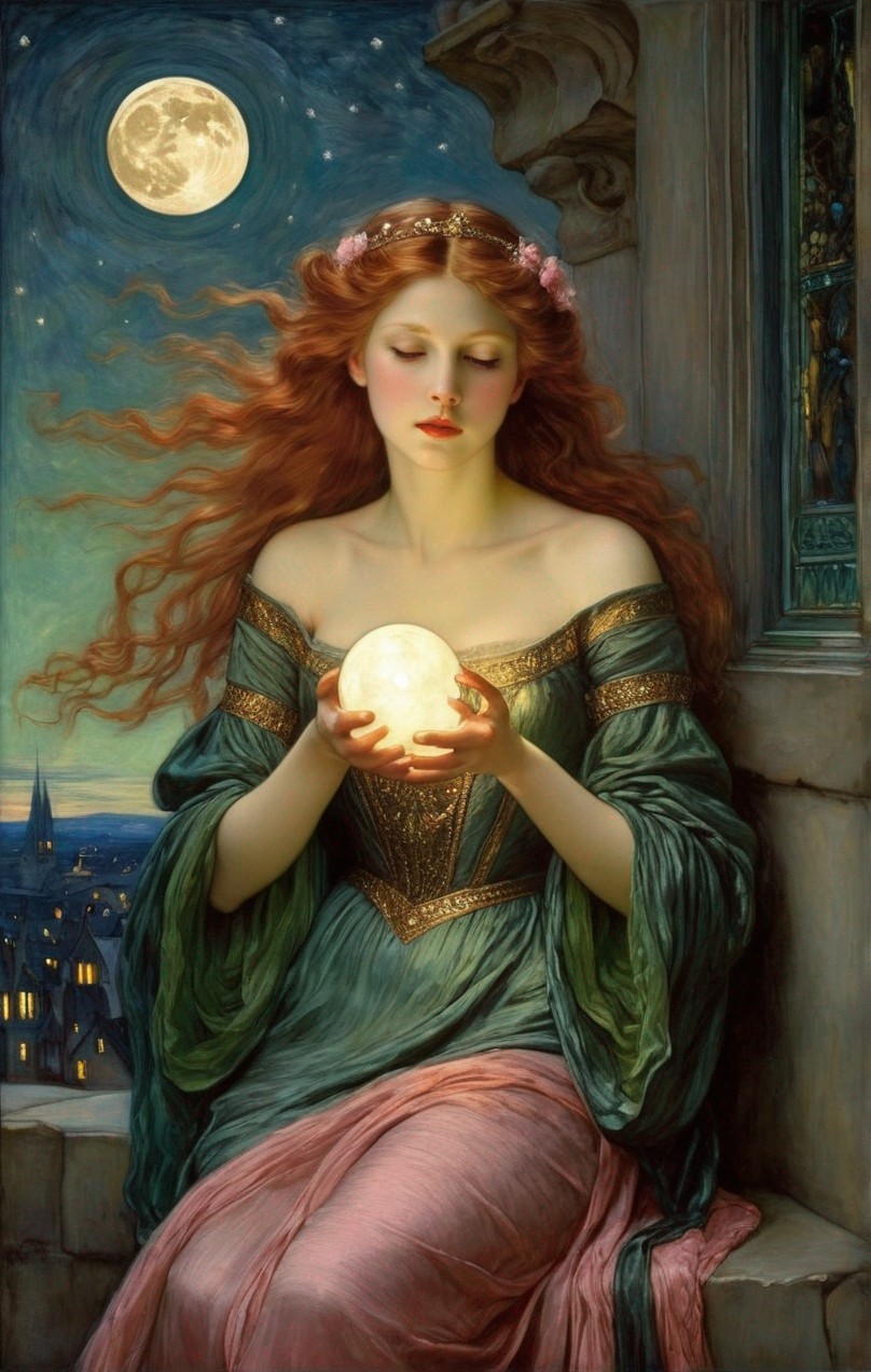 Woman with flowing red hair in green dress under full moon with crystal ball