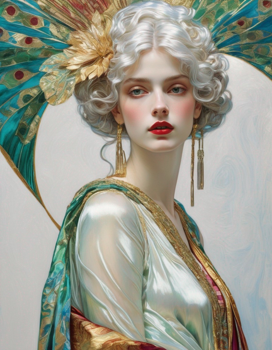 Portrait of Woman with Wavy White Hair and Golden Dress
