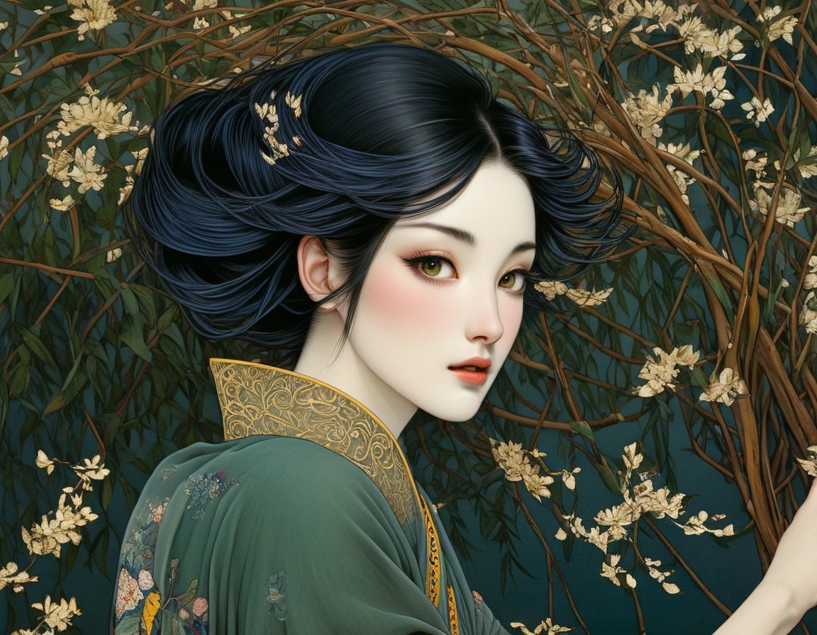 Serene Young Woman Framed by Branches and Blossoms