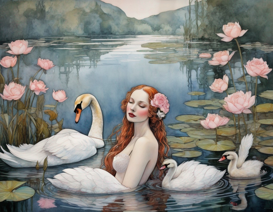 Serene Woman with Red Hair in Tranquil Lake Scene