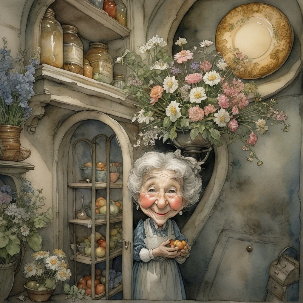 Whimsical Kitchen Scene with Elderly Woman and Oranges