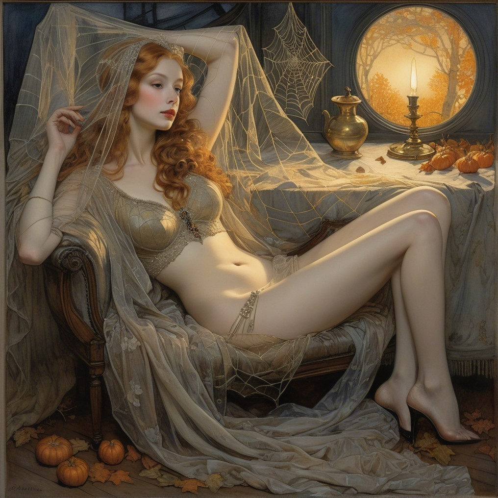 Elegant Reclining Figure in Autumn Setting with Lace