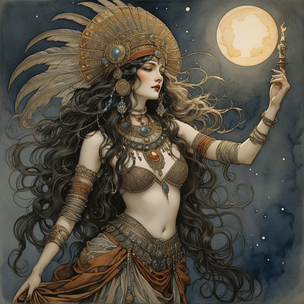 Regal figure in jewelry under a starry night sky