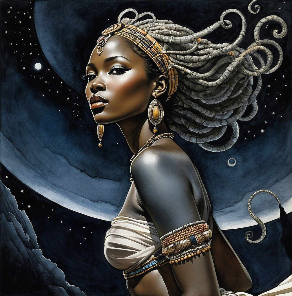 Portrait of a Woman with Braided Hair and Cosmic Background