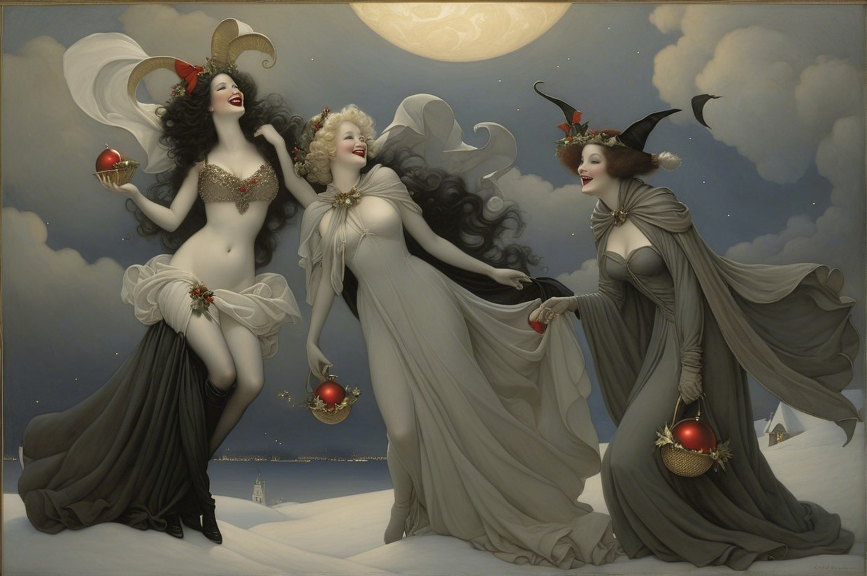 Enchanting Women in Elegant Gowns on Snowy Landscape