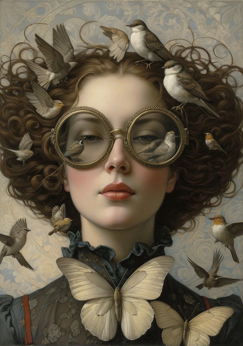 Young woman with curly hair and oversized glasses surrounded by birds and butterflies