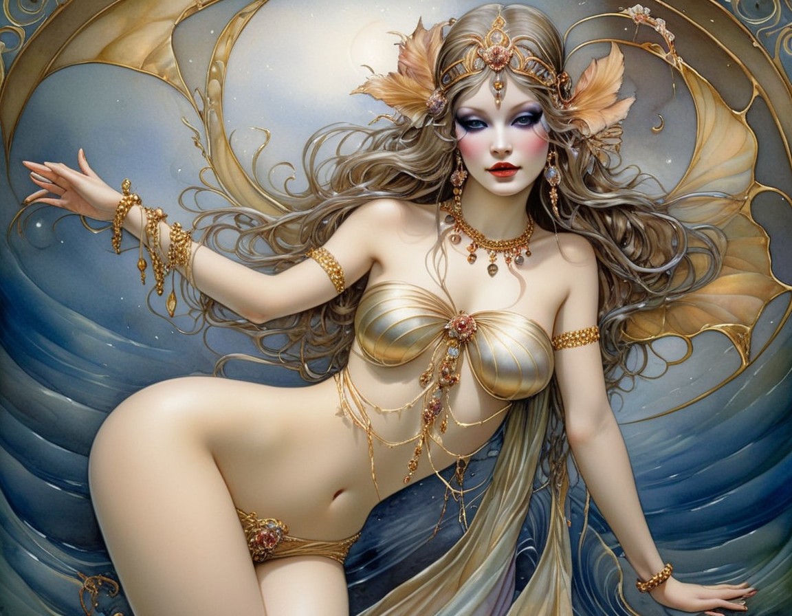 Fantasy illustration of female figure with golden jewelry and elaborate makeup