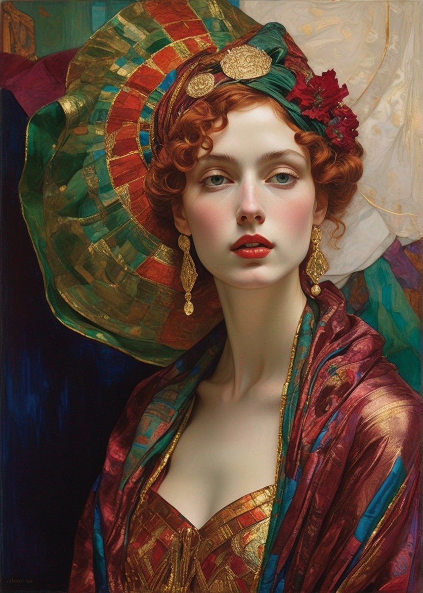 Vibrant portrait of woman with red hair and green eyes in colorful attire