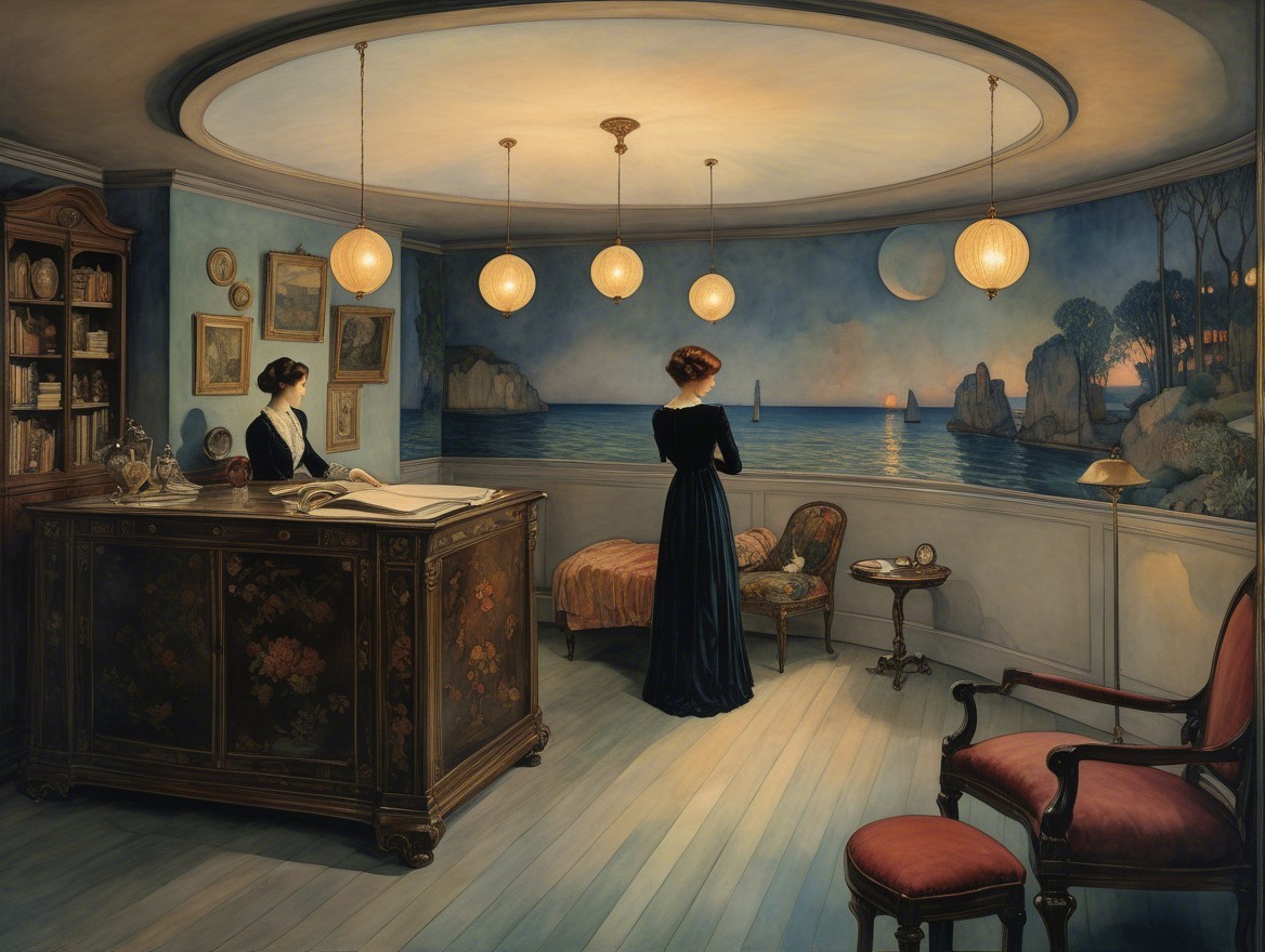 Elegant Room with Two Women and Coastal View