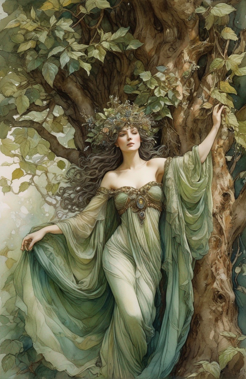Woman in green gown merges with tree, embodying nature's enchantress.