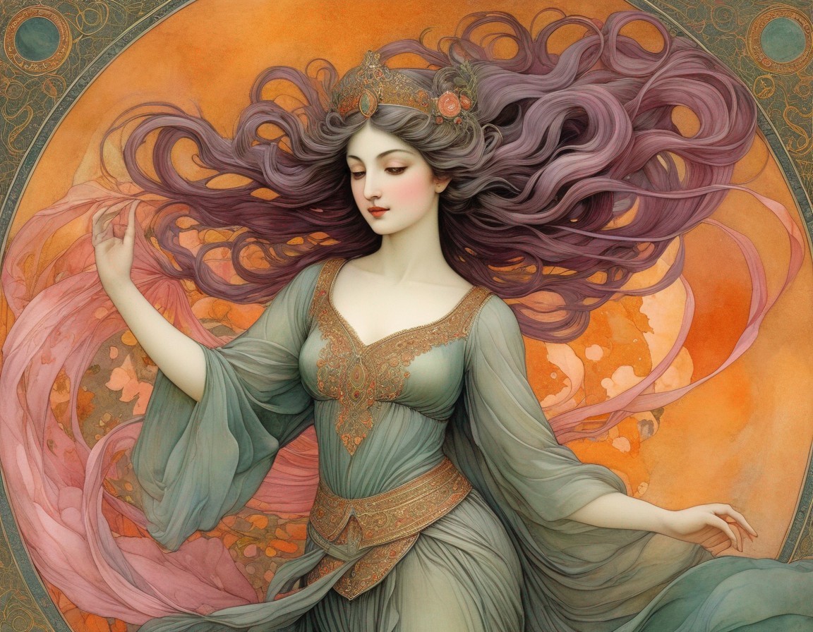 Ethereal Illustration of Woman in Green Gown and Headdress