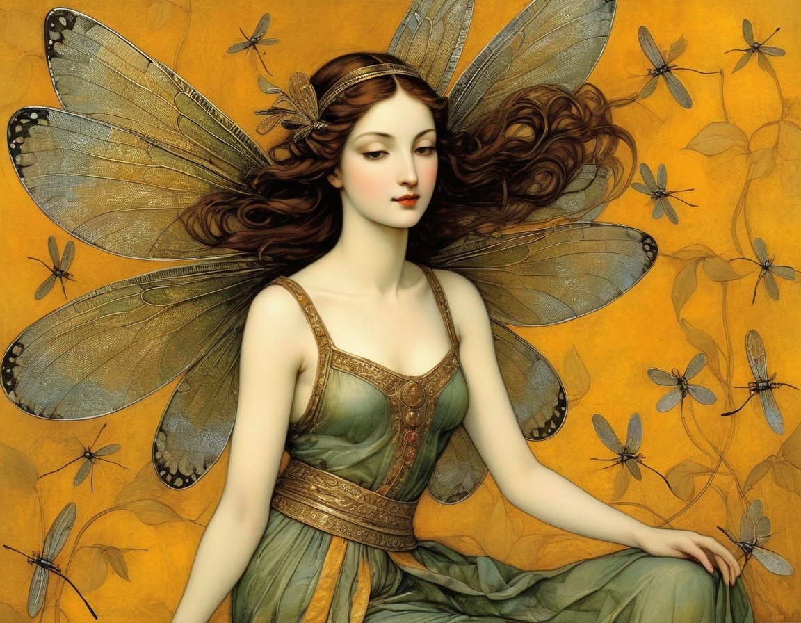 Mystical Fairy Illustration with Large Wings and Butterflies