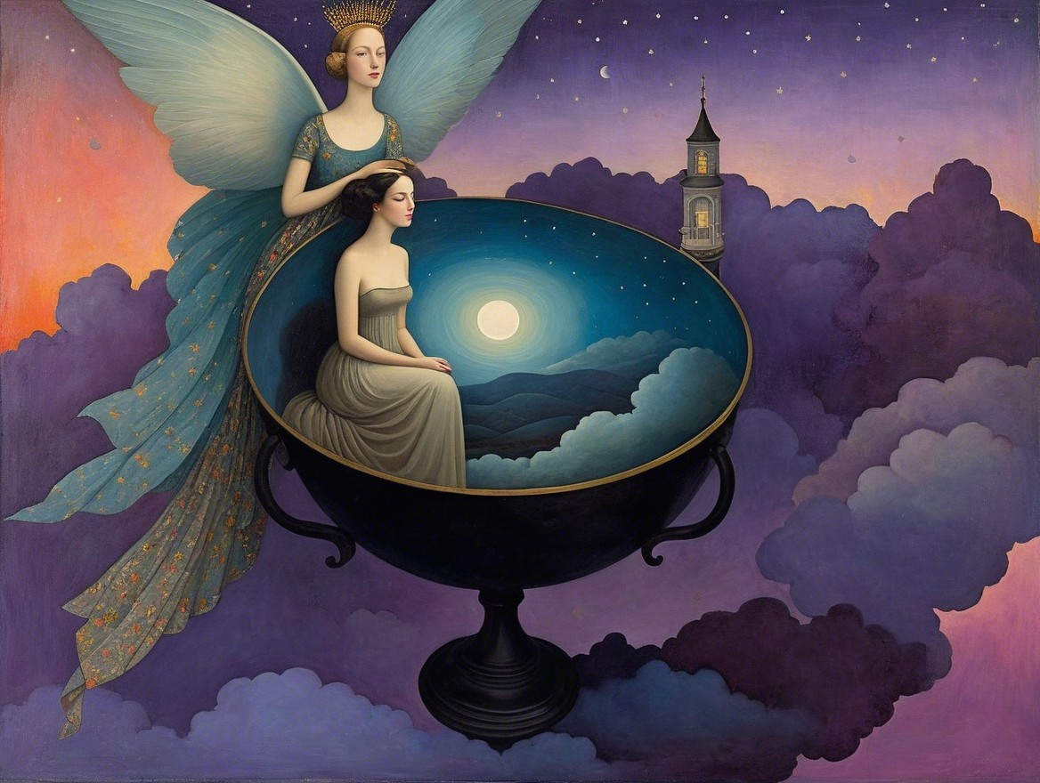 Surreal Twilight Scene with Ethereal Figure and Chalice