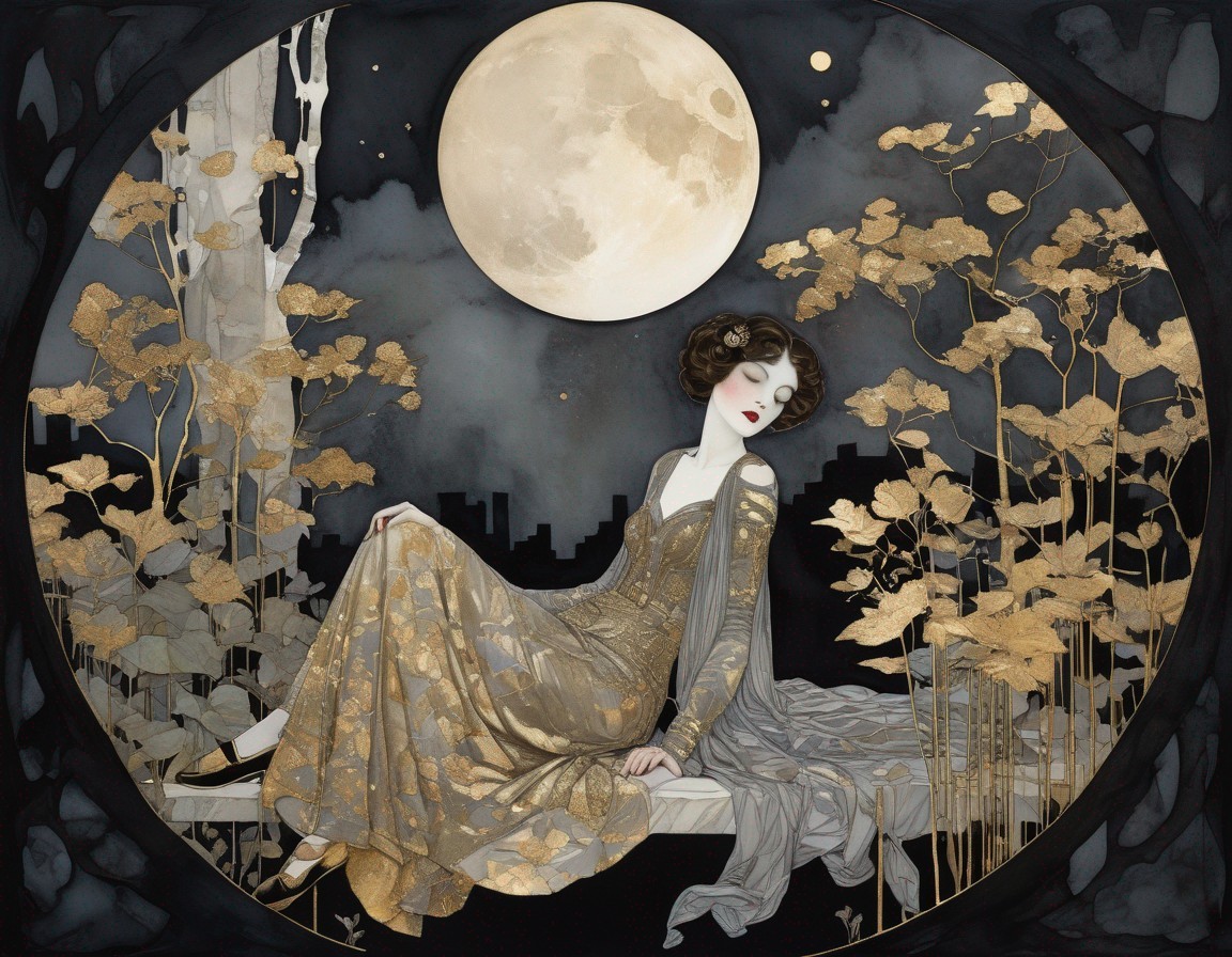 Illustration of a Woman in Gold Dress Under Moonlight