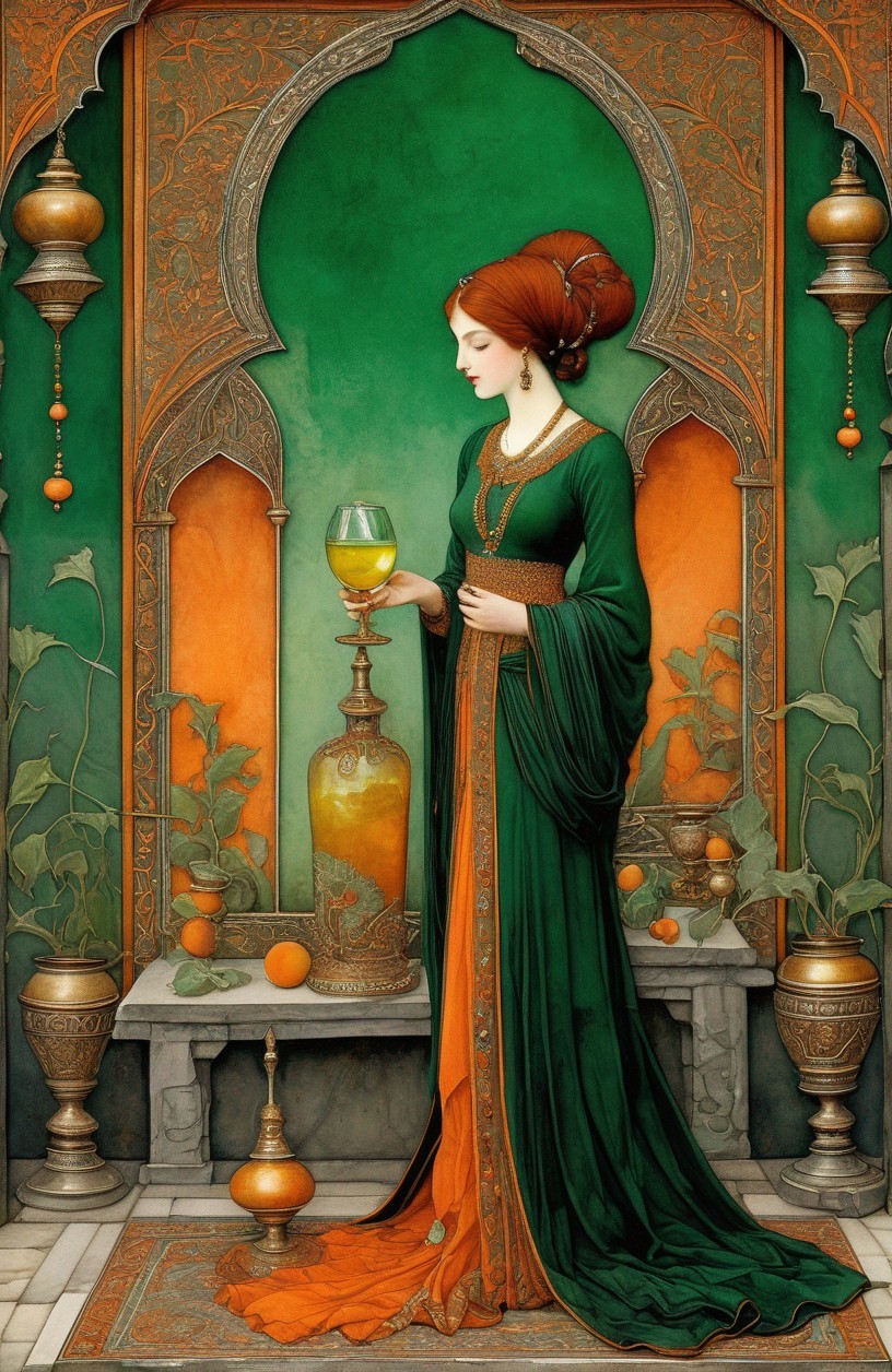 Woman in Green Dress with Chalice in Archway