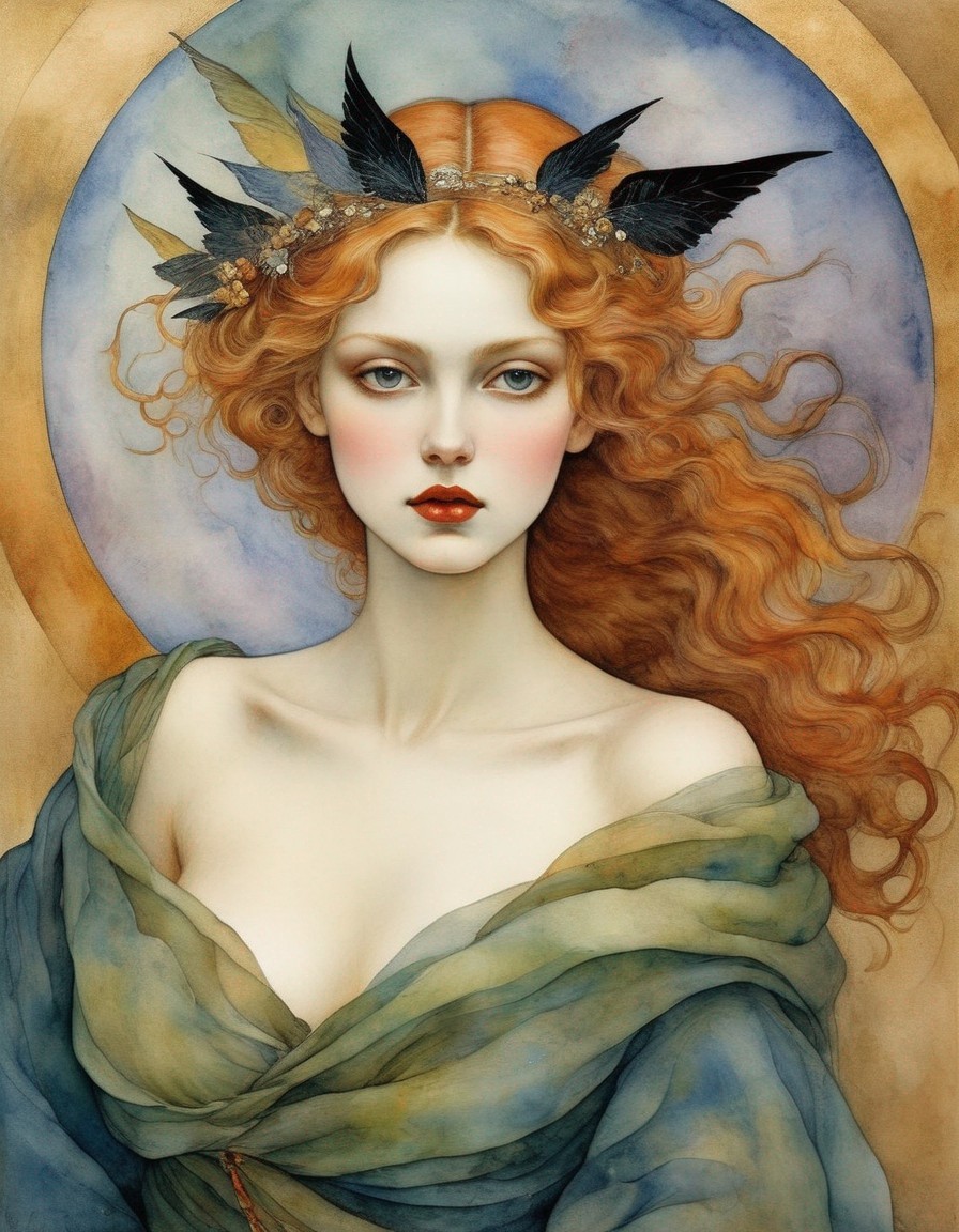 Ethereal Woman with Red Hair and Floral Crown