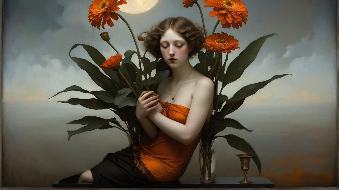 Serene figure in orange flowers with moonlit backdrop