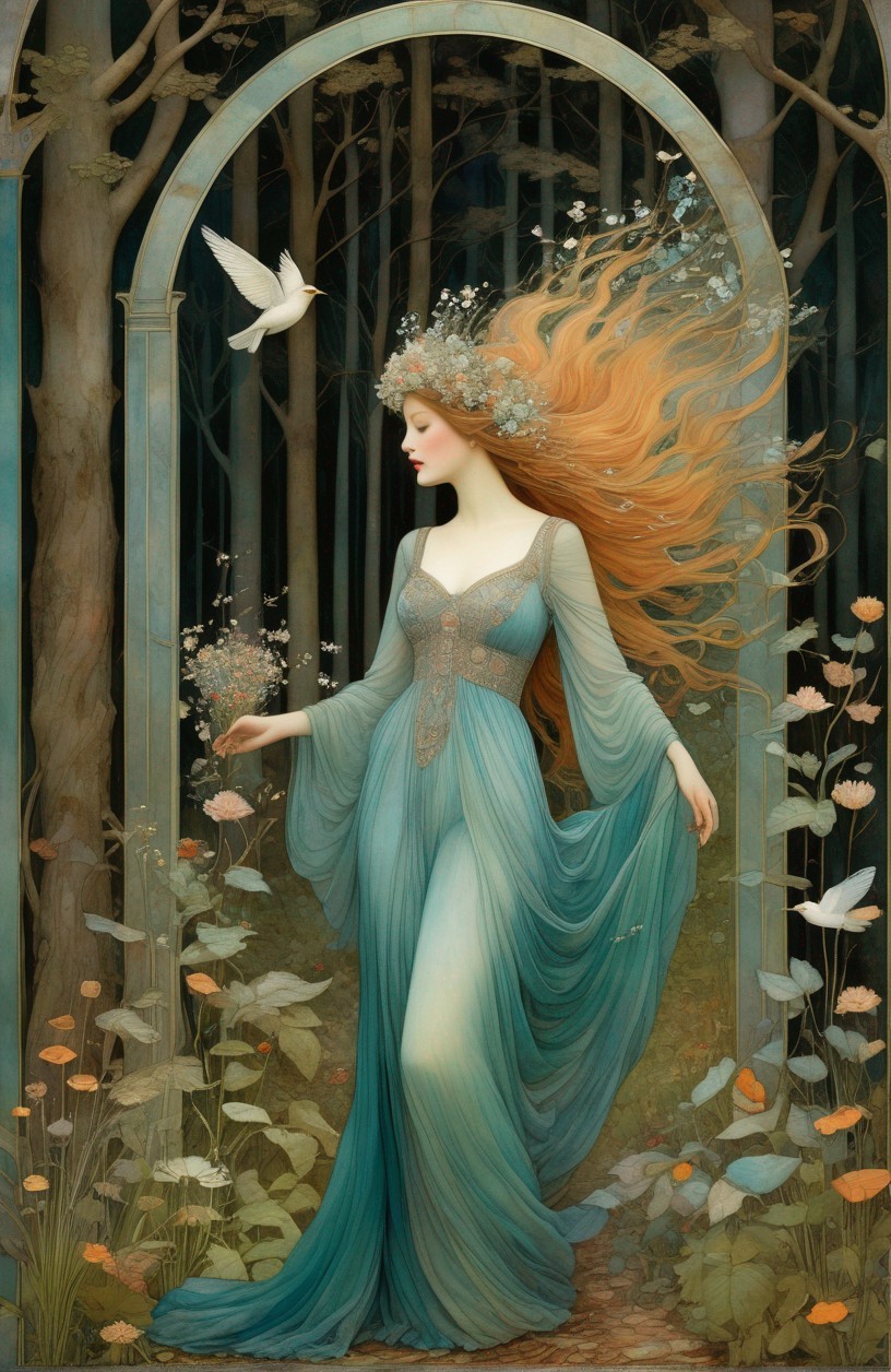 Ethereal Woman in Blue Gown in Enchanted Forest