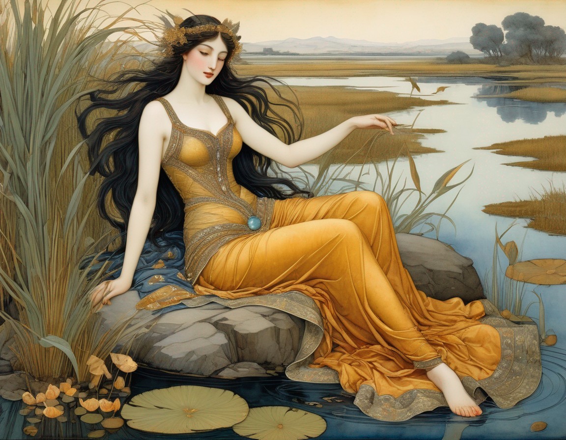 Serene painting of a woman by a tranquil pond