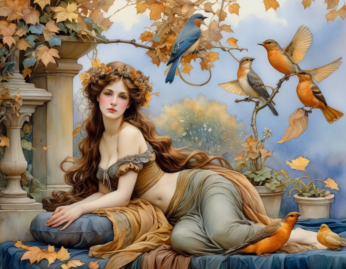 Serene Woman Surrounded by Autumn Leaves and Birds