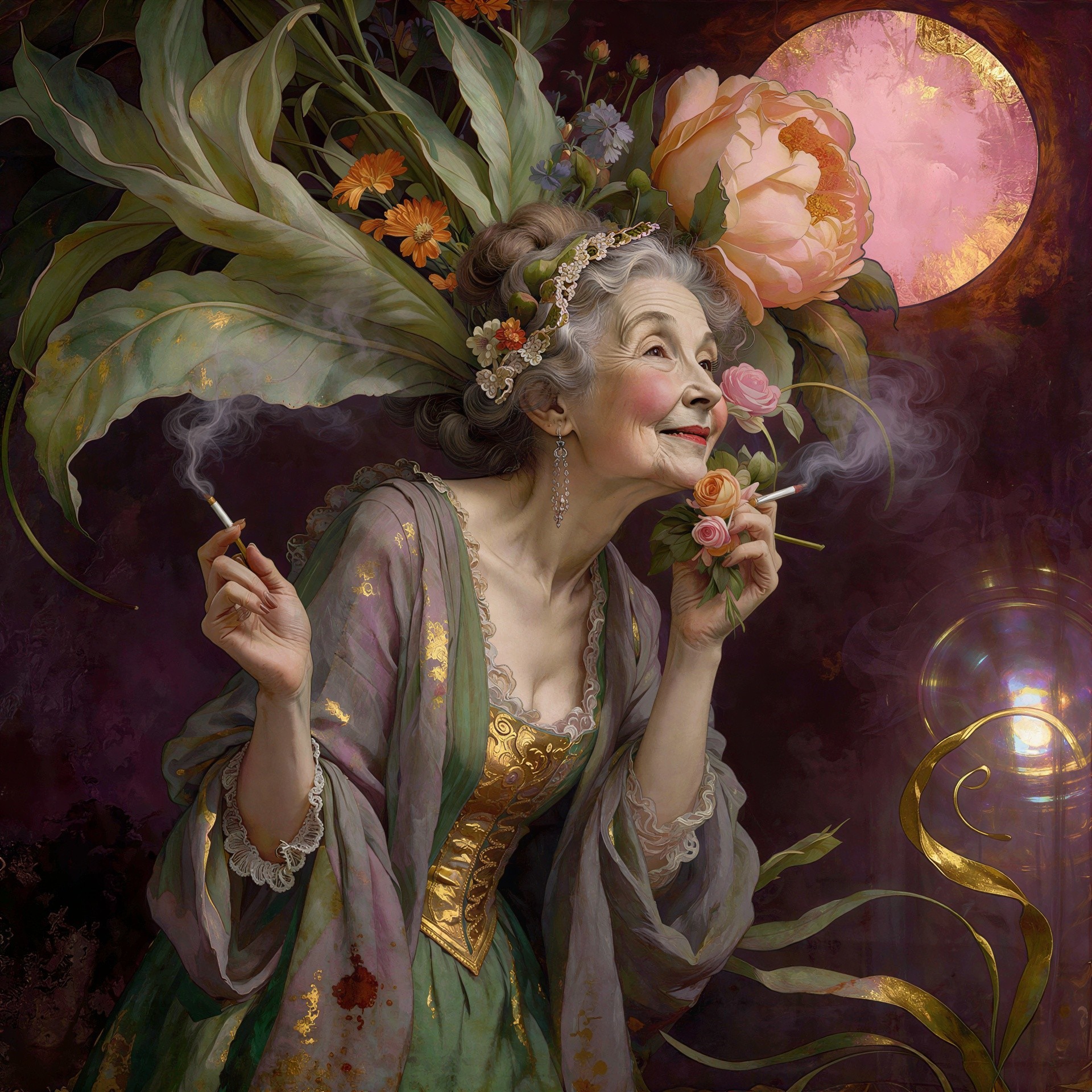 Fantastical Digital Painting of an Old Woman with Roses