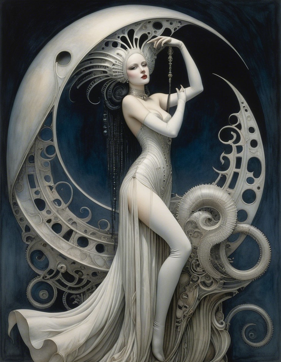 Elegant Figure in White Fabric Against Dark Backdrop