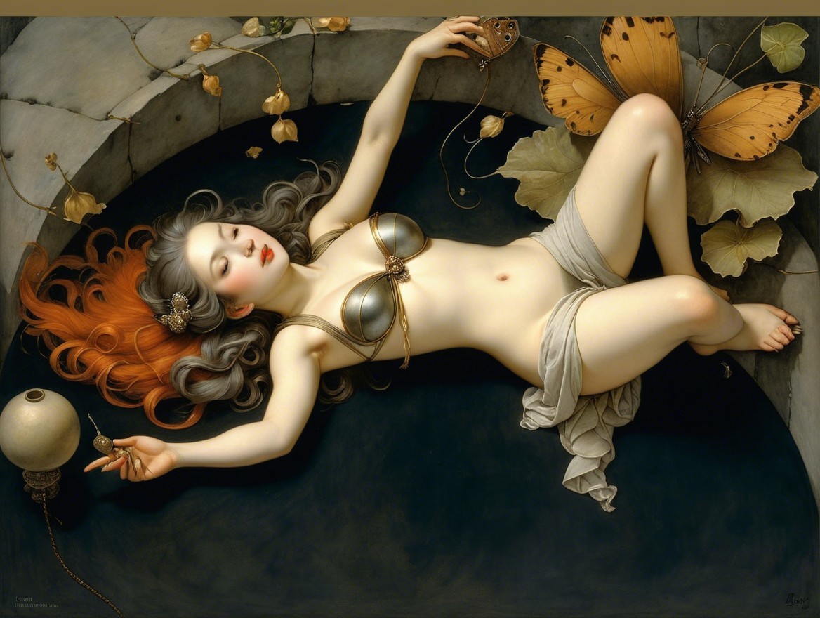 Serene figure by water with flowing silver-orange hair