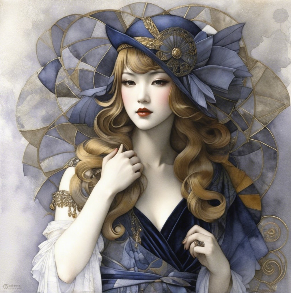 Elegant Woman in Blue Gown with Golden Hair Art