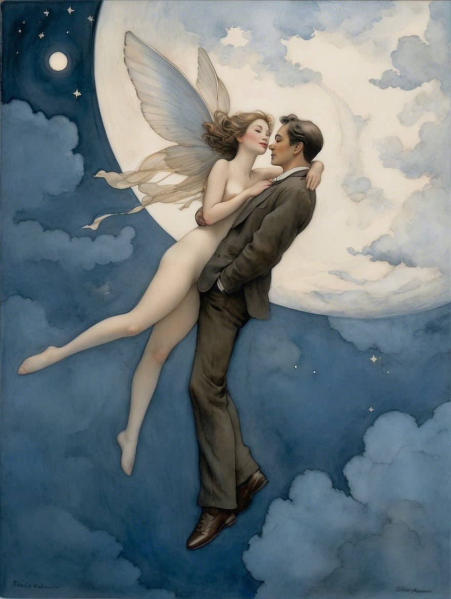 Romantic Scene with Couple and Fairy Under Moonlight