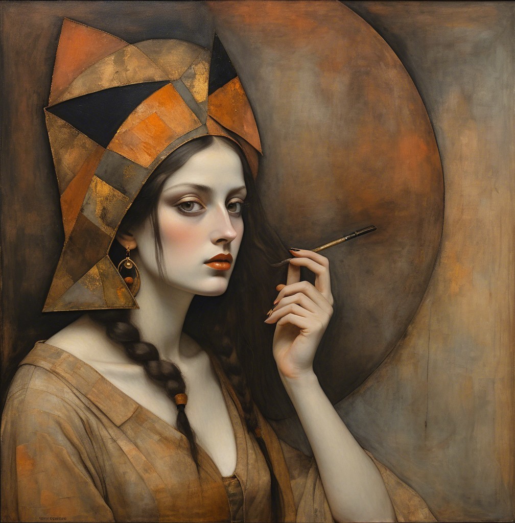 Stylized Portrait of a Woman with Geometric Headdress