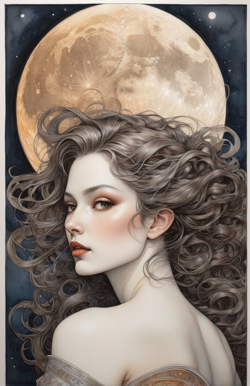 Illustrated Portrait of Woman with Curly Hair and Moon