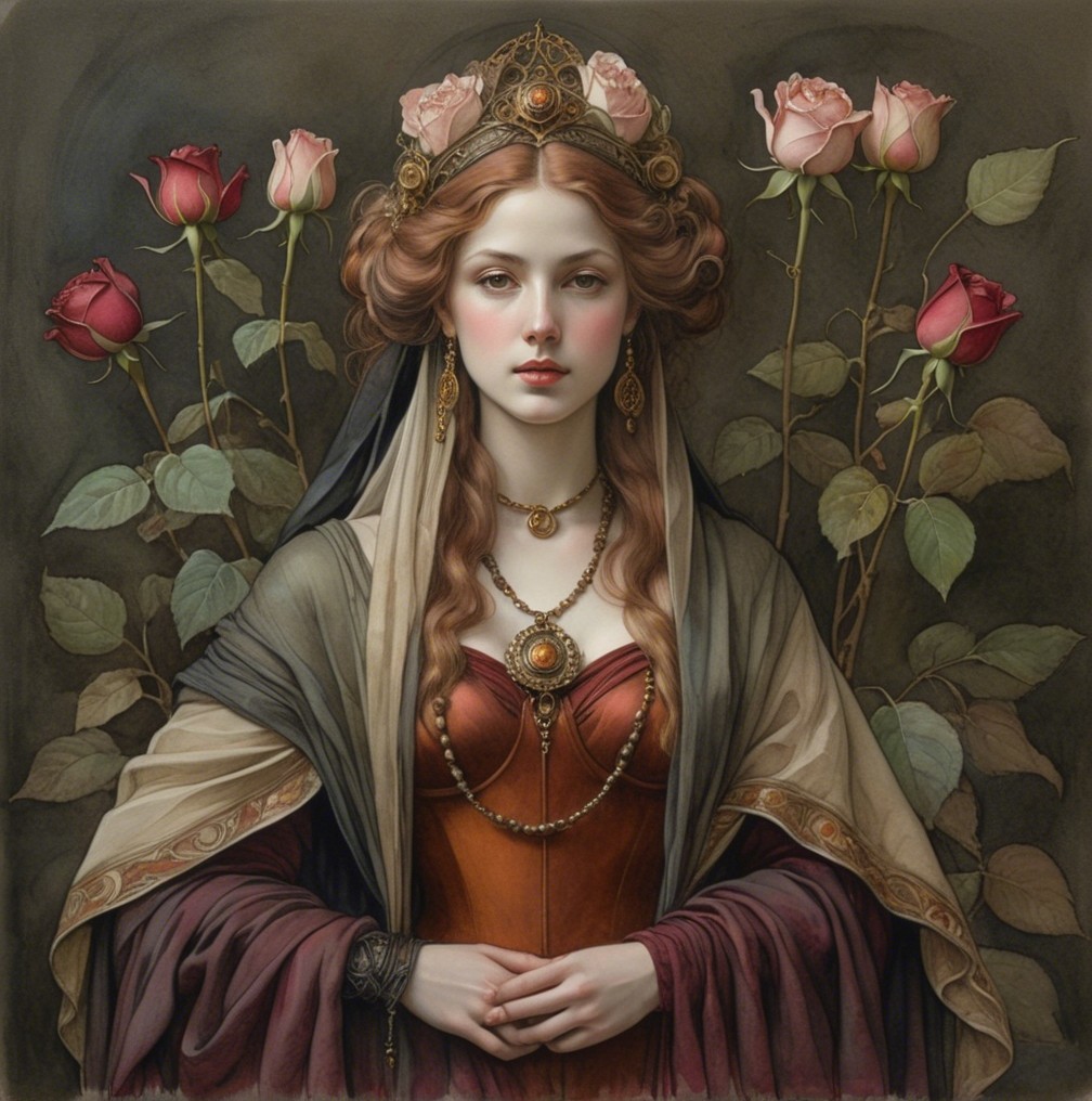Regal Young Woman in Flowing Garments and Jewelry