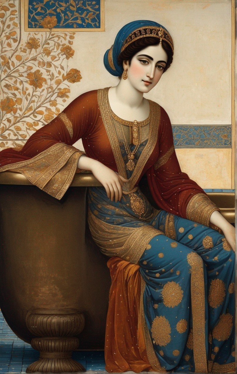Elegant Woman in Ornate Dress by Decorative Basin