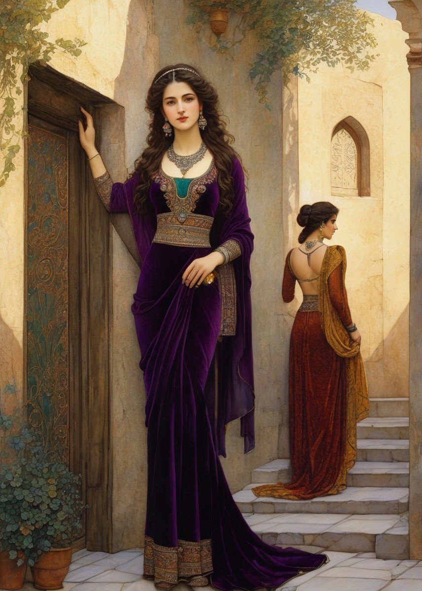Digital Artwork of Women in Traditional Dresses in Courtyard