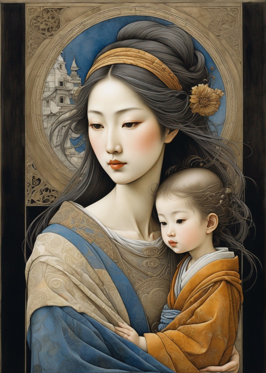 Painting of a woman with child and classical architecture