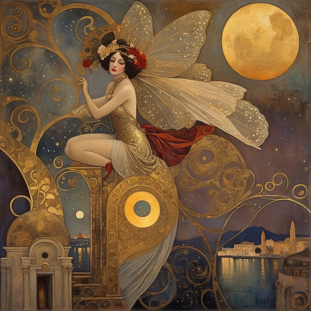 Whimsical Fairy on Ornate Designs Under Moonlight