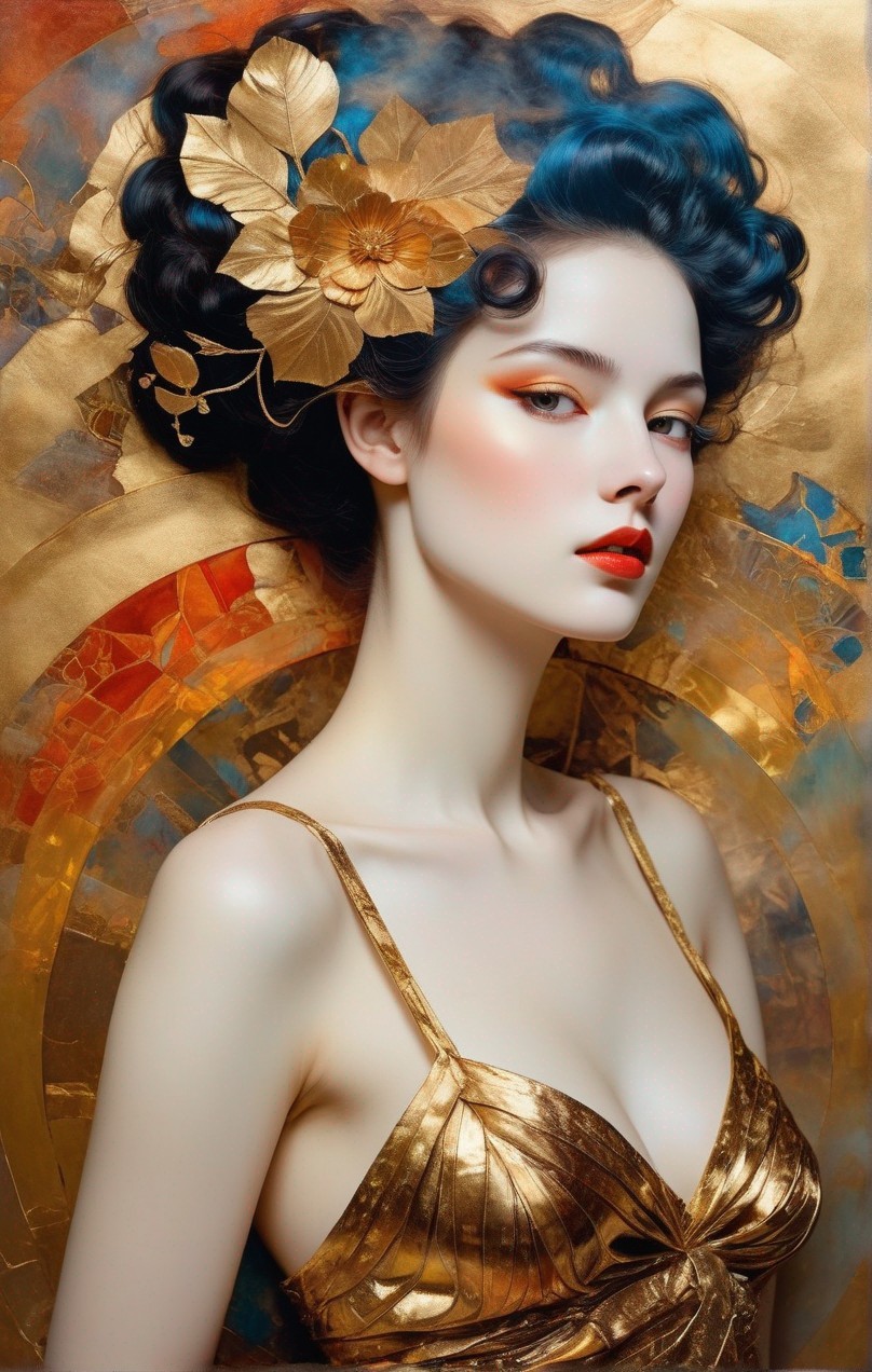 Striking blue-haired woman in golden attire on mosaic background