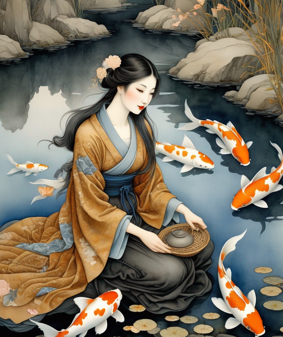 Elegant Woman in Traditional Attire by Koi Pond