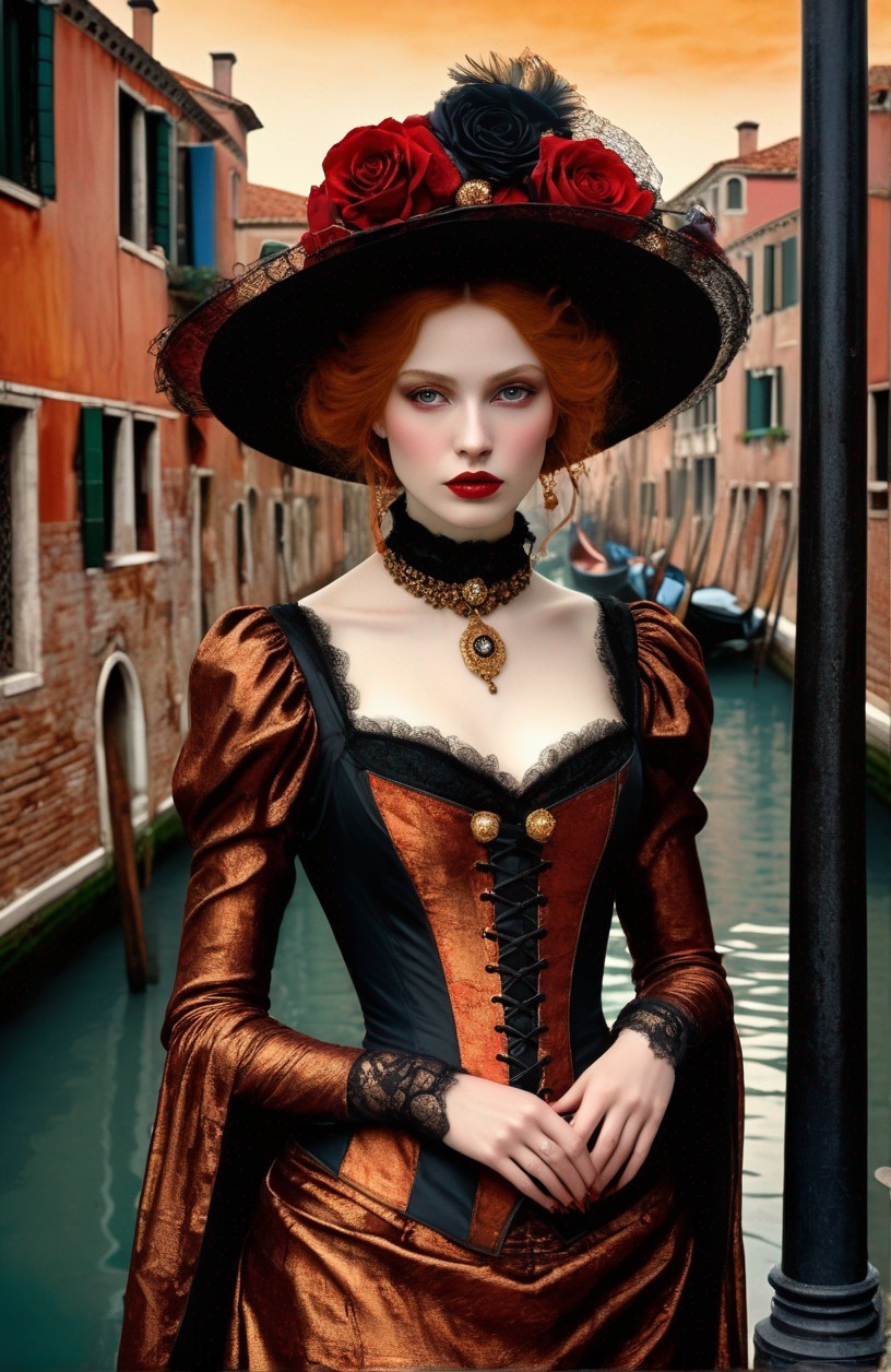 Victorian woman with red hair and roses in Venetian canal.