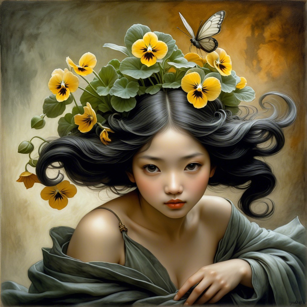 Ethereal Girl with Black Hair and Floral Accents