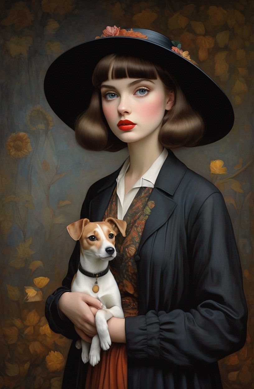 Vintage Style Woman with Dog in Floral Setting