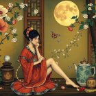 Serene Woman in Orange Dress by Autumn Window